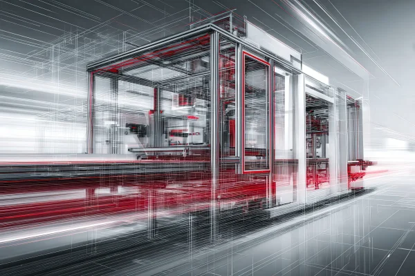 Sistema di protezione integrato per macchina automatica con pannelli trasparenti, telaio strutturale e dettagli rossi LPM GROUP