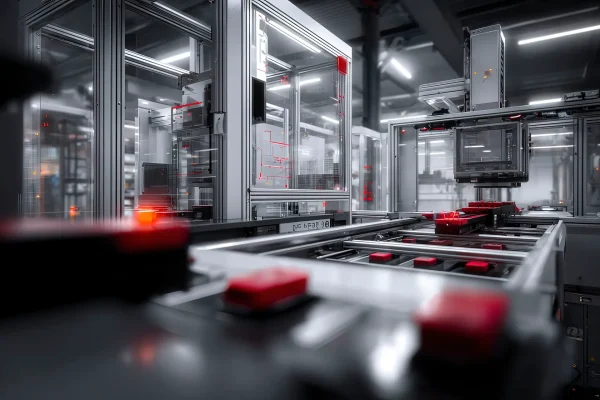 Sistema avanzato di automazione industriale con protezioni integrate, overlay tecnici e dettagli rossi LPM GROUP