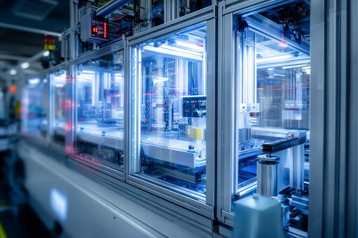 Linea automatica con protezioni integrate, accessi tecnici e dettagli rossi LPM GROUP