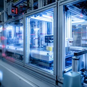 Linea automatica con protezioni integrate, accessi tecnici e dettagli rossi LPM GROUP