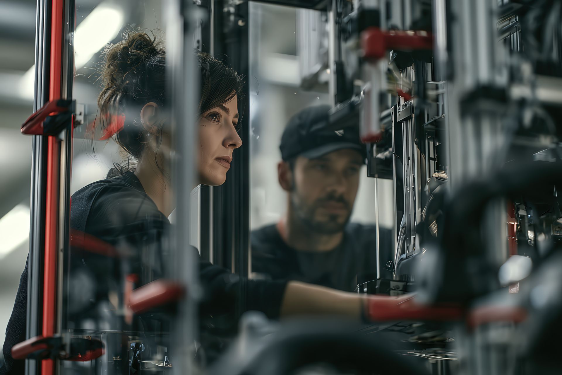 Tecnici al lavoro su un sistema di protezione industriale LPM Group con strutture in alluminio, pannelli trasparenti e dettagli rossi.